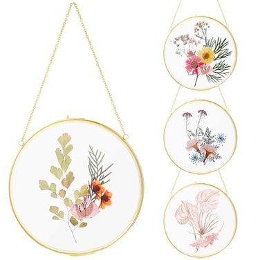 Qunclay 4 Pcs Double Glass Frame for Pressed Flowers Round Hanging Herbarium Floating Flower Press Frame Clear DIY Vintage Artwork Display holder5 InchGold