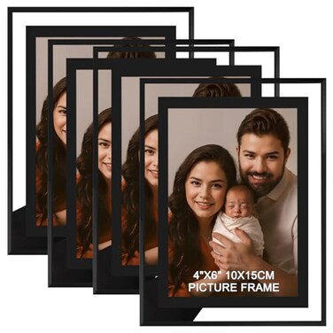 IZIDDO 4x6 Picture Frames Set of 4 Black Glass Photo Framefor Wall Mount or Tabletop Standing Gift Picture Frame Horizontally or Vertically 4x6 Black or Sparkling silver Randomly