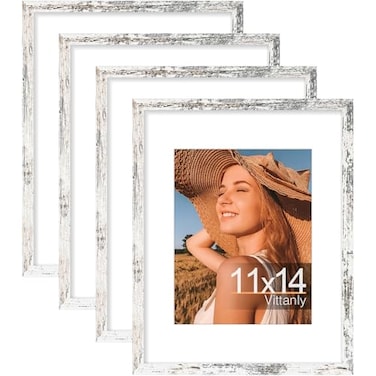 Vittanly 11x14 Picture Frame Set of 4 Display Pictures 8x10 with Mat or 11x14 without Mat Engineered Wood with HD Plexiglass Gallery Photo Frames for Wall or Tabletop Display Distressed White