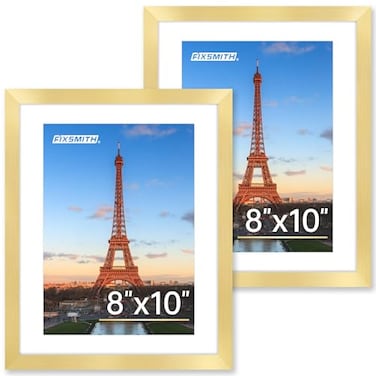 FIXSMITH 8x10 Picture Frame Set of 2 Gold Picture Frames Collage for Tabletop or Wall Display Photo Frame with HD Plexiglass Display Pictures 5x7 with Mat or 8x10 Without Mat
