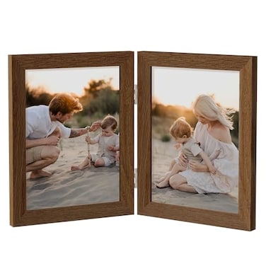 Axeman 5x7 Double Picture Frame Solid Oak Wood Vertical Hinged 5x7 Photo Frame 2 Opening Folding Family Frames Collage With Real Glass for Tabletop Display Hanging Hardware Included Walnut