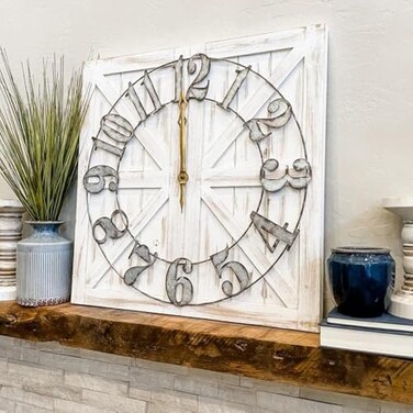 ALBEN Large Farmhouse Wall Clock 24 inch Square Farmhouse Style Clock Bundled with Decorative Reversible Wooden Sign