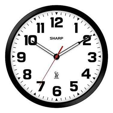 Sharp Atomic Analog Wall Clock 12 Black Stylish Frame Sets Automatically Battery Operated Easy to Read Easy to Use Modern Design and Style