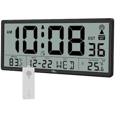 WallarGe Atomic Clock with Indoor Outdoor Temperature Easy to Read Self Setting 145 Jumbo Auto Set Digital Wall Clock Battery Operated