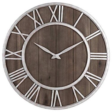 Oldtown Clocks Oldtown Farmhouse Metal Solid Wood Noiseless Wall Clock Dark Brown 24inch