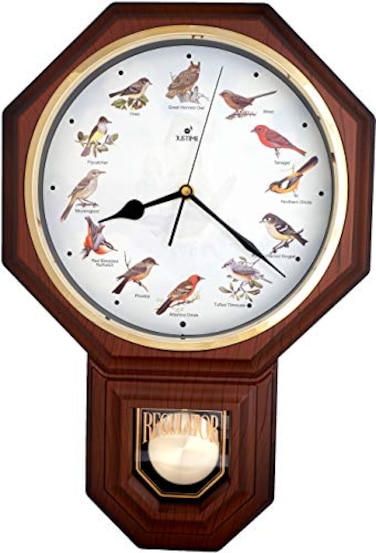 JUSTIME Unique 12 North America Birds Song Schoolhouse Pendulum Wall Clock Chimes Every Hour Melody Made in Taiwan TCBDPPOWLDW Dark Wood