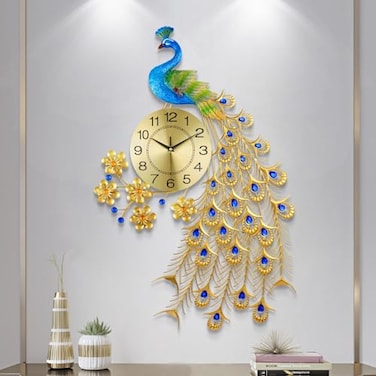 EURSON Large Peacock Wall Clock 315 inch Metal Design NonTicking Silent Art Digital Wall Clocks for Living Room Decor Gold