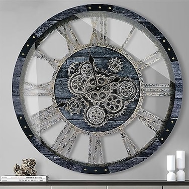 TOPPTIK 24 Inch Industrial Steampunk Wall Clock Oversized Solid Wood Frame Battery Operated Large Wall Clock with Real Rotating Gears Gray