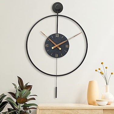 Pytha Sight Large Modern Wall ClockWall Clocks for Living Room DecorClassical Metal Minimalist Roman Numeral DialBig Decorative Farmhouse Pendulum Wall Clock With Walnut Pointers for OfficeDining Room