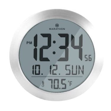 MARATHON 8Inch Round Digital Wall Clock Stainless Steel Large EasytoRead Display AMPM or 24Hour Time Eight Time Zones Indoor Temperature Date