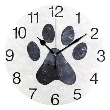 senya Black Dog Paw Print Design Round Wall Clock Silent Non Ticking Oil Painting Decorative for Home Office School Clock Art