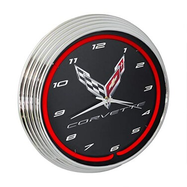 Neonetics Corvette C8 Next Generation Red Neon Clock 15 Inch Diameter with Chrome Rim and Red Glass Tube 8CORV8