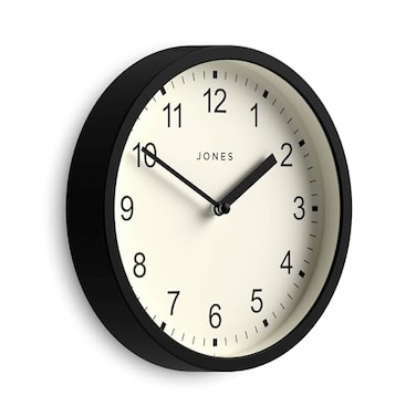 JONES CLOCKS Spin wall Clock Small Modern Round Clock 8 inch Black Easy to Read Numbers Ideal for Kitchen Office Childrens Room or Any Small Space