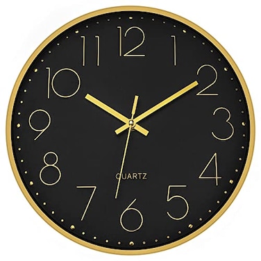 Foxtop Black Gold Wall Clock 12 Inch Silent NonTicking Battery Operated Round Quartz Modern Wall Clock for Living Room Kitchen Bedroom Home Office School Decor