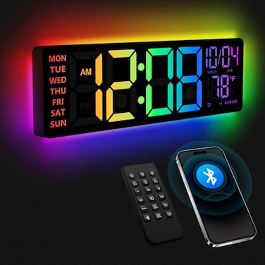 YISILE 16 Digital Wall Clock with Night Light Digital Clock with RGB Colors Changing Remote Control Dual Alarm Dimmer Auto DST Voice Control Auto Time Sync Clocks for Living Room Gift for Elderly