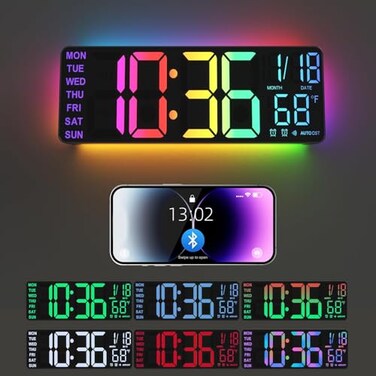 YISILE 13 Digital Wall Clock with Night Light8 RGB ColorDual Alarms with Large Display Dimmer Auto DST Voice Control Auto Time SyncRemote Control for Living Room BedroomGift for All Ages