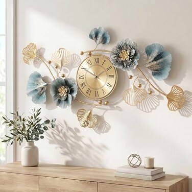 Axioglo Wall Clocks for Living Room DecorLarge Wall Clock3D Creative Metal Ginkgo Leaf Designwith Silent Movement Wall Clocks for Home Wall Decor Clock33x18