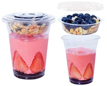 botogift 50 Sets 12 oz Clear Plastic Cups with Insert Flat LidsNO HOLE Disposable Parfait Cups with Lids for Fruit Yogurt Smoothie Iced Cold Drinks Dips and Veggies No Leaking