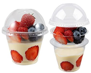botogift 50 Sets 9 oz Clear Plastic Cups with Insert Dome LidsNO HOLE Disposable Parfait Cups with Lids for Fruit Yogurt Smoothie Iced Cold Drinks Dips and Veggies No Leaking