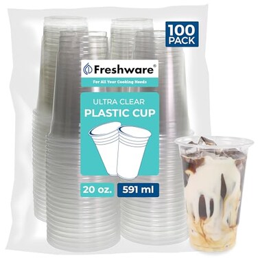 Freshware Plastic Cups 20 oz 100PCS Disposable Tumblers for Iced Coffee Smoothie Milkshake Cold Drinks