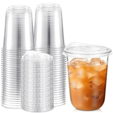Ziliny 50 Sets 16 oz Clear Plastic Cups with Strawless Sip Lids Thickened Clear Disposable Plastic PET Crystal Cups for Iced Coffee Smoothie Cold Beverage Drink Shops and Party Catering