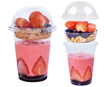 botogift 50 Sets 12 oz Clear Plastic Cups with Insert Dome LidsNO HOLE Disposable Parfait Cups with Lids for Fruit Yogurt Smoothie Iced Cold Drinks Dips and Veggies No Leaking