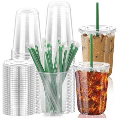 GGOLDMER 25 Set Clear Plastic Cups with Lids and Straws 16oz Disposable Plastic Iced Coffee Cups with Lids Round Bottom for Coffee Juice Cold Drinks Iced Latte