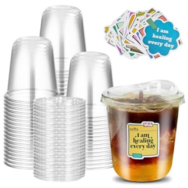 Xlong 50 Sets Clear Plastic Cups with Strawless Sip Lids 12 Oz Disposable Round Bottom Iced Coffee Cups with Lids and Inspiring Stickers for Cold DrinksJuice Bubble Boba TeaSmoothie To Go Cup
