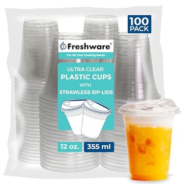 Freshware Clear Plastic Cups with Strawless Sip Lids 100 Cups 12 oz Disposable Tumblers for Iced Coffee Smoothie Milkshake Cold Drinks