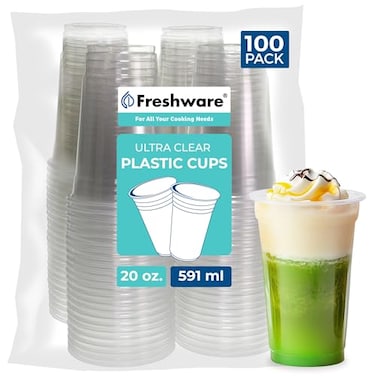 Freshware Clear Plastic Cups 100 Pack 20 oz Disposable Cups for Iced Coffee Smoothie Milkshake Cold Drinks