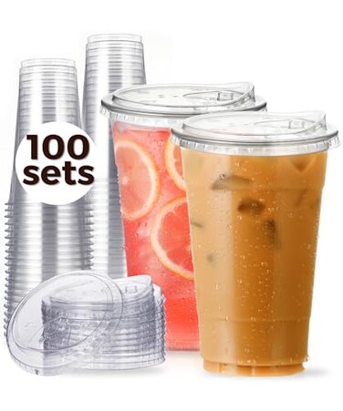 Aatriet 100 Pack 24 oz Clear Plastic Cups with StrawlessSipLids Disposable Cups Plastic Iced Coffee Cups To Go Cups with Sip Through Lids for Smoothie Milkshake Cold Drinks for Party Wedding Event