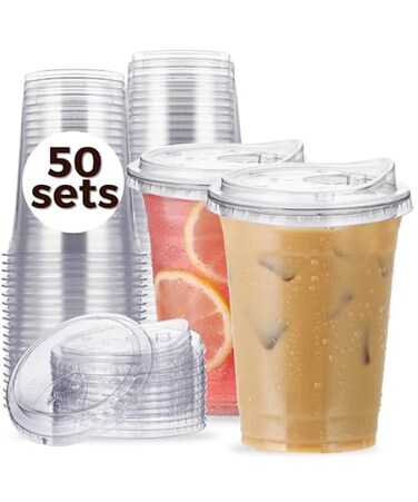 Aatriet 16 oz Clear Plastic Cups with StrawlessSipLids 50 Sets Disposable Cups Plastic Iced Coffee Cups To Go Cups with Sip Through Lids for Smoothie Milkshake Cold Drinks for Party Wedding Event