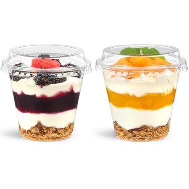 Jycnolm 50 Pack 9 oz Plastic Dessert Cups with Lids Small Plastic Yogurt Parfait Cups Mini Round Party Serving Cup for Pudding Fruit Cake Appetizer Dessert Shot Glasses