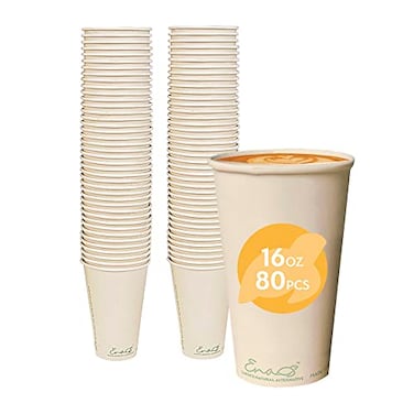 Earth's Natural 100 Compostable Disposable Coffee Cups 16oz 80 Pack Paper Cups Made from Bamboo EcoFriendly Biodegradable Premium Party Cups Natural Unbleached by Earths Natural Alternative