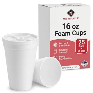 Mr Miracle 16 OZ Foam Cups With Lids for Hot Cold Drinks USAMade 25PackIdeal Styrofoam Coffee Cups Insulating ToGo Cups for Soda Tea Juice Sturdy Disposable comparable to Industry standard 16J16