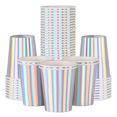 ZebrAnt Iridescent Paper Cups 9 oz 50 pack Disposable Coffee Cup Hot Cold Drinks Tea Water Milk Juice Beverages Holographic Rainbow Party Decorations for Picnic Home Birthday Wedding Anniversary Chris