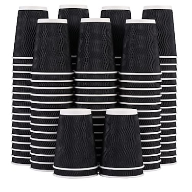 Lamosi 12 oz Disposable Coffee Cups 120 Pack Insulated Corrugated Paper Cups 12 oz Kraft Ripple Wall Cups for Hot Beverage or Cold Drinks OfficeHomePartyTravelCafe Black