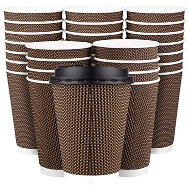 Promora Brown Disposable Coffee Cups With Lids 12 oz Premium Insulated Paper Ripple Cups for Hot Coffee Paper Coffee Cup with Lids 80 Pack