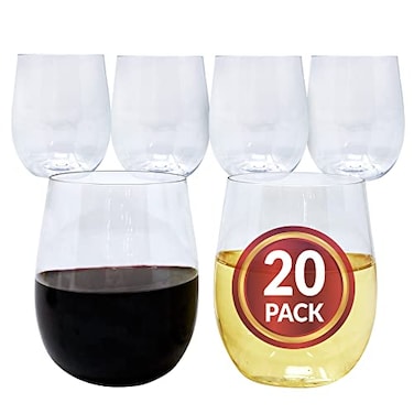 Reli. Reli 20 Pack Disposable Wine Glasses 12 oz Stemless Plastic Wine Glasses for Parties BPAFree Shatterproof Plastic Clear Drinking Party Cups for Cocktails Whiskey Wedding