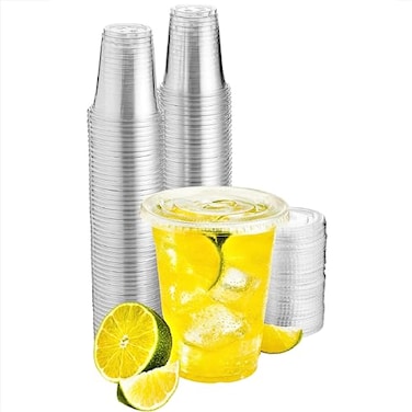 Green Direct 12 oz Disposable Cups With Lids Clear Plastic Cups With Lids Iced Coffee Cups For Bubble Boba Tea Cup and Flat Lid For Cold Drinking Smoothie 100 Sets