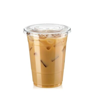 Fit Meal Prep 100 Pack 16 oz Clear Plastic Cups with Flat Lids Disposable Iced Coffee Cups BPA Free Premium Crystal Smoothie Cup for Party Lemonade Stand Cold Drinks Juice Milkshake