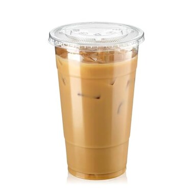 Fit Meal Prep 100 Pack 24 oz Clear Plastic Cups with Flat Lids Disposable Iced Coffee Cups BPA Free Premium Crystal Smoothie Cup for Party Lemonade Stand Cold Drinks Juice Milkshake