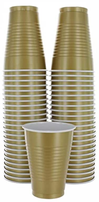 Amcrate Gold Colored Plastic Cups 12Ounce Disposable Party Cups Strong and Sturdy for Wedding Christmas Halloween 50 Pack