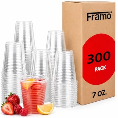 Framo Clear Plastic Cups 7 oz 300 Count Disposable Drinkware Portion for Party Shot Tasting Kids Juice Water Iced Tea Coffee Stackable Easy Separate Clean Look Handy for Mixing Paint Value Pack