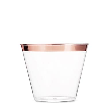 Munfix 100 9 Oz Clear Plastic Cups Old Fashioned Tumblers Fancy Disposable Wedding Cups Elegant Party Cups with Rose Gold Rim