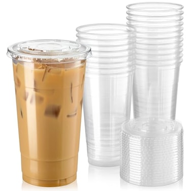 Fit Meal Prep 50 Pack 32 oz Clear Plastic Cups with Flat Lids Disposable Iced Coffee Cups BPA Free Premium Crystal Smoothie Cup for Party Lemonade Stand Cold Drinks Juice Milkshake