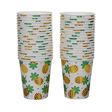 Geeklife Gold Pineapple Paper Cups 9 oz Fruit Decorative Party Cups Set Sparkly Gold Foil Disposable Paper Cups40 pcs