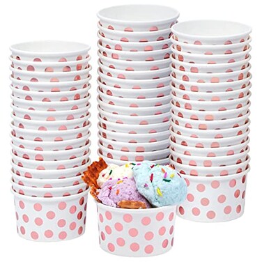 Juvale Disposable Paper Ice Cream Cups 8 oz 50 Pack Rose Gold Polka Dot Dessert Snack Cups Polka Dot Paper Bowls