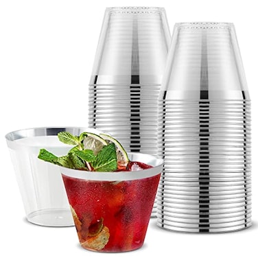 Stock Your Home 9 oz SilverRim Disposable Plastic Cups 100 Pack Elegant Tumblers Glasses for Parties Weddings Holidays Dessert Tumbler Bulk Drinking Cup for Fruit Punch Cocktails Wine