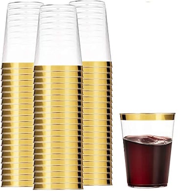 Munfix Gold Plastic Cups 12 Oz Clear Tumblers with Gold Rim Elegant Disposable Wedding Party Cups